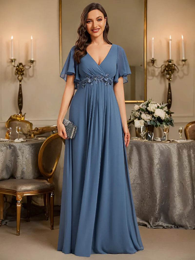 Elegant V-Neck Pleated Bridesmaid Dress with Floral Appliqués - Biamonde